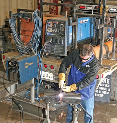The Miller Trailblazer 302 Air Pak features multiprocess welding, a 31-cfm rotary screw air compressor and 13,000 watts of generator power plus a selectable 12- or 24-volt battery charger jump starter with 450 amps. Air and current capabilities are sufficient to run plasma cutting machines while taking up only half the space as separate welder and compressor machines.