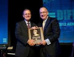 Deere & Co. Chairman and Chief Executive Officer Sam Allen accepts the AEM Hall of Fame plaque from Rusty Fowler, 2012 chair of the AEM and CEO of Krone North America