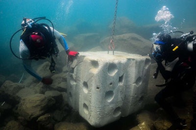An ECOncrete armoring unit is installed. The company says armoring units are “modular building blocks of marine infrastructures, which provide coastal defense against hydrodynamic forces of sea waves.”