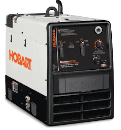 Hobart’s Champion Elite combines an AC generator with an AC/DC stick welder offering 260 amps AC and 225 amps DC welding, along with 11,000 watts of peak generator power. It has a 12-gallon fuel tank supplying a Kohler 23-horsepower gasoline engine and an auto-idle feature to save fuel and reduce noise. Quick set currrent controls allow you to dial in coarse or fine range amperage adjustments for better welding control.