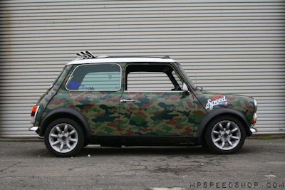 The Mini-Coop one-off has a 1,275 cc engine with a four speed gear box, leather wrapped steering wheel, leather hood straps and a LeMans fuel filler cap.
