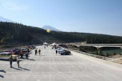 Project workers and politicians gathered at the new Donald Bridge near Golden BC to celebrate both its construction and the 50th anniversary of the Trans-Canada Highway, on Sept. 21, 2012. Photo courtesy of TransBC