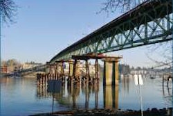 The continuous Sellwood Bridge span bridge rests on its new steel piers after the move.