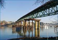 The continuous Sellwood Bridge span bridge rests on its new steel piers after the move.