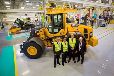 U.S. Transportation Sec. Ray LaHood (far right) and Highway Transportation Administrator Victor Mendez (second from left) on a tour of a Volvo production facility. Swedish Ambassador Jonas Hafström is on the far left and olvo Construction Equipment’s head of American sales Göran Lindgren is second from the right.