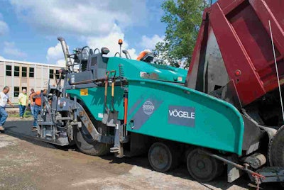 Vögele, whose Vision 5203-2 paver is seen here, recommends an unequal-width front-mount screed, with extensions.