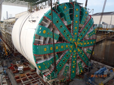 The nearly-assembled Bertha with cutterhead installed. Credit: WSDOT Flickr