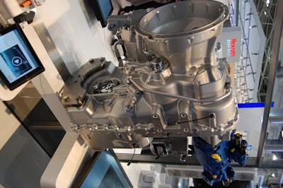 Rexroth displayed a blue Bosch Rexroth variable displacement pump mounted to a Dana Rexroth hydro-mechanical transmission at Bauma 2013.