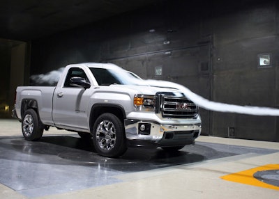 A 2014 GMC Sierra pickup undergoes testing in the GM Aerodynamics lab.