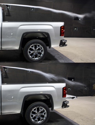 This side-by-side photo shows air being disrupted negatively with the truck’s tailgate down.