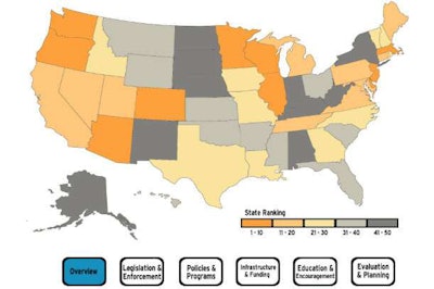 This map shows how states rank in bike friendliness. Check out the full ranking report for more information about the Bicycle Friendly State rankings.