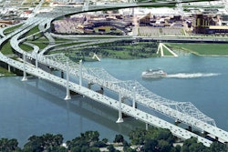 An illustration shows the Downtown Crossing next to Kennedy Bridge with Slugger Field and Louisville’s Riverfront Park in the background. (Photo: Ohio River Bridges Project)