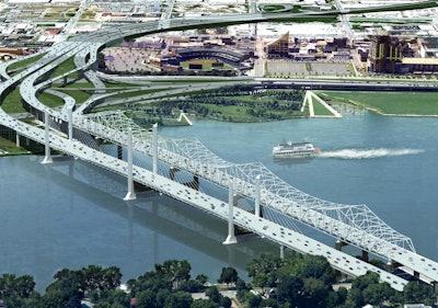 An illustration shows the Downtown Crossing next to Kennedy Bridge with Slugger Field and Louisville’s Riverfront Park in the background. (Photo: Ohio River Bridges Project)