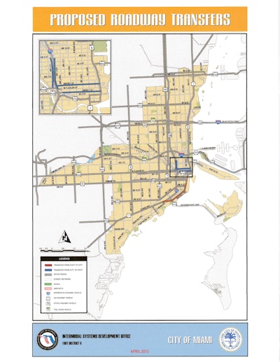 FDOT wants jurisdiction over several streets (highlighted in blue) in Miami’s Downtown Historic District. In exchange, the City of Miami would gain control over Brickrell Drive (highlighted in red). (Photo: FDOT via Transit Miami)