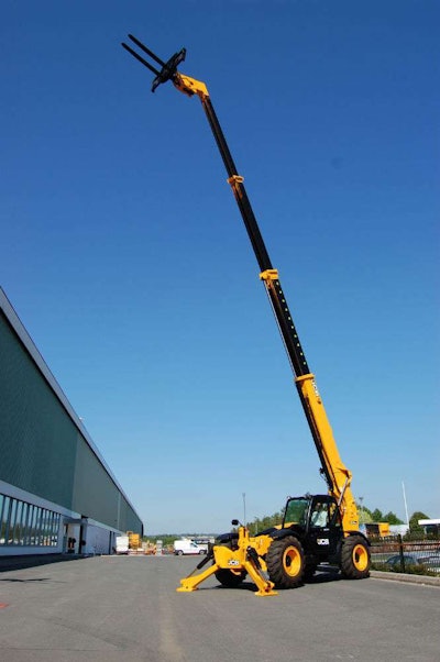 The new JCB 514 takes heavier loads up to 56 feet in the air and was designed with oil field and wind turbine construction and maintenance in mind.