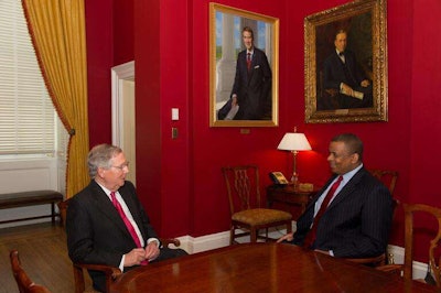 Senator McConnell and USDOT nominee Foxx discuss Kentucky transportation priorities in the senator’s office. (Photo: Sen. McConnell Press / Twitter)
