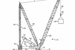 An illustration from Manitowoc patent no. 7,546,928 which covers the company’s Variable Position Counterweight technology. Manitowoc alleges in a lawsuit and patent complaint that Sany infringes this patent and one other in its SCC8500 crawler crane.