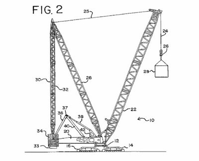 An illustration from Manitowoc patent no. 7,546,928 which covers the company’s Variable Position Counterweight technology. Manitowoc alleges in a lawsuit and patent complaint that Sany infringes this patent and one other in its SCC8500 crawler crane.