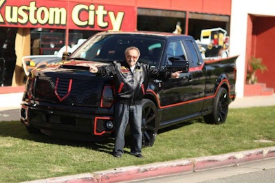George Barris, the creator of the original Batmobile, with the Crimefighter F-150 his grandon built in tribute. Credit: Galpin Auto Sports