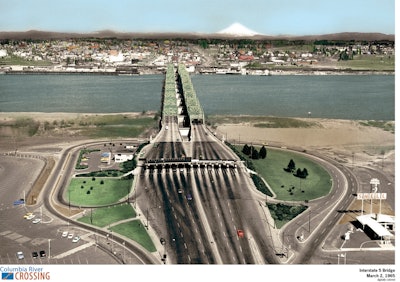 A snapshot of the I-5 Columbia River Crossing toll booths, taken in March 1965, shows the surrounding community, including pre-eruption Mount St. Helens. (Photo: WSDOT)