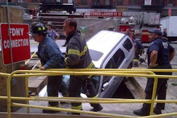 The SUV that crashed into the Second Avenue Subway construction site is seen at rest in a ditch. Credit: NBC 4 New York