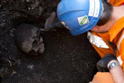 An archaeologist uncovers a skull as construction continues on London’s Crossrail commuter line. Credit: Alastair Grant/AP