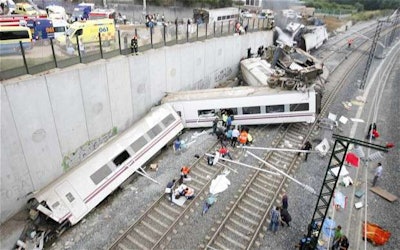A high-speed train derailed near Santiago de Compostela, Galicia, Spain on July 25, 2013. (Photo: EPA via the Telegraph)