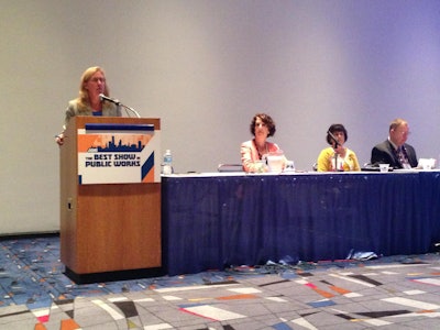 Four American Public Works Association (APWA) Transportation Committee members discussed MAP-21 at the APWA Congress and Exposition in Chicago, Illinois, August 27, 2013. (From left: Susan Hann, city manager for the City of Palm Bay, Florida; John Davis of BBG Consulting; Kathleen Davis, director of Highways and Local Program with Washington State Department of Transportation (WSDOT); and Debra Hale, executive director with the Transportation Agency for Monterey County in Salinas, California)
