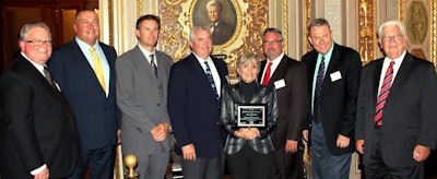 The National Asphalt Pavement Association presented Sen. Barbara Boxer with the Asphalt Legislator of the Year Award today for her work with MAP-21. Attending the presentation were (from left) Russell Snyder, Executive Director of the California Asphalt Pavement Association; Frank Coakley, Vice President, and Don Daley III, CEO of DIII Transport; National Asphalt Pavement Association Chairman John Keating, President and COO East Oldcastle Materials Group; Senator Barbara Boxer; Brian Handshoe, Vice President of Operations for Kenco Engineering; Mike Acott, National Asphalt Pavement Association President; and Len Nawrocki, Director of Marketing, Southwest, Valero Marketing & Supply.