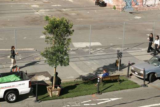 The first PARK(ing) Day took place in 2005 and involved a patch of sod, a park bench and a tree, all placed in a metered parking space. (Photo: Rebar)