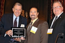 National Asphalt Pavement Association President Mike Acott (left) and California Asphalt Pavement Association Executive Director Russell Snyder (right) present the Pavement Pioneer Award to Caltrans Maintenance Chief Tony Tavares. (Photo courtesy of APA)