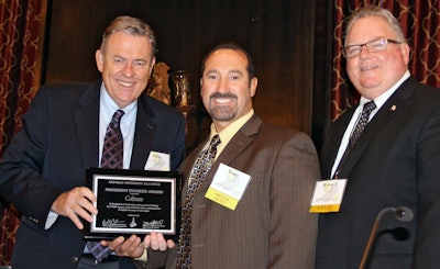 National Asphalt Pavement Association President Mike Acott (left) and California Asphalt Pavement Association Executive Director Russell Snyder (right) present the Pavement Pioneer Award to Caltrans Maintenance Chief Tony Tavares. (Photo courtesy of APA)