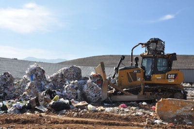 A Cat D7E hybrid bulldozer in testing at the Waste Management El Sobrante Landfill in Corona, California.