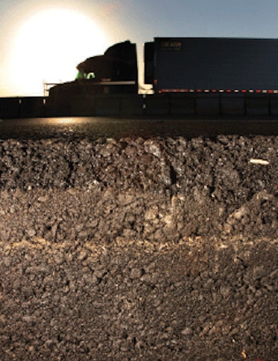 PMA was used in the top 3 inches of this project, and AR-8000 was used in the other layers, including the 3-inch-thick, “rich bottom” layer. The variability in structural pavement thickness is concentrated in the varying thickness of the middle layer(s).