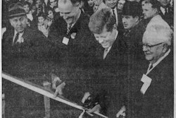 A newspaper clipping from 1963 shows President John. F. Kennedy, Delaware Governor Elbert Carvel and Maryland Governor J. Millard Tawes cutting the ribbon at the Delaware Turnpike’s opening ceremony. (Photo via Delaware Public Archives)