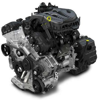 The 3.6L Pentastar V-6 is the base engine for the 2014 Ram 1500. It delivers 305 hp while achieving 25 mpg highway.
