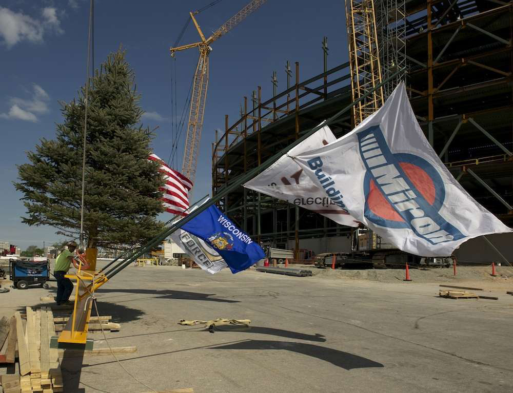 Topping off Ceremony Lambeau Field Expansion Christmas tree construction crews