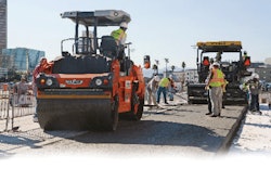 A parking lot demonstration of roller-compacted concrete (RCC), including test trip pavement, curing, saw cutting and testing, was conducted at World of Concrete 2013.
