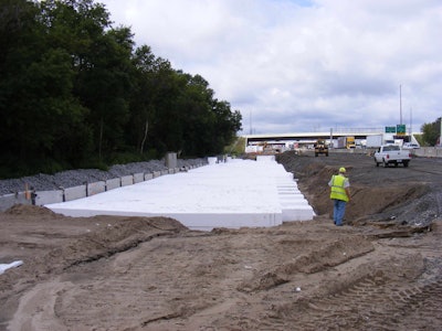 EPS geofoam was used to remediate soft soils at the I-80 / I-65 interchange in Gary, Indiana. (Photo courtesy of Insulufoam)