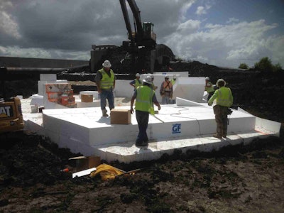 This service road bridge relies on EPS geofoam to reduce loads on poor load bearing soils near New Orleans. (Photo courtesy of Insulufoam)