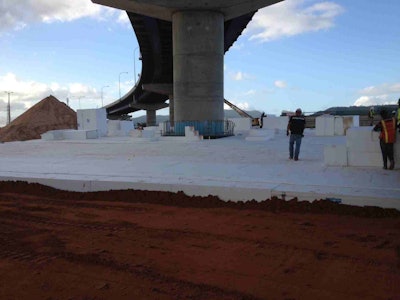 Engineers specified EPS geofoam as a lightweight sub-base for highway lanes in Trinidad built over an existing pier pile cap. (Photo courtesy of Insulufoam)