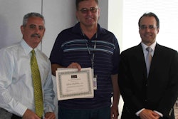 Basem E. Muallem, P.E., Caltrans District 8 director (right) and Stephen R. Pusey, Caltrans District 8 deputy director of maintenance (left) present John Hubbs, APM, Caltrans area superintendent, with the inaugural International Pavement Association (IPMA) Award of Excellence. (Photo: Mario C. Maala/Caltrans District 8)