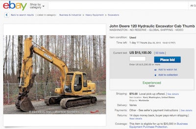 A look at an eBay auction page featuring a John Deere excavator from Bidadoo.