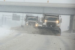 Tandem plows out of the Independence, Ohio, maintenance facility, work together to clear Interstate 480 near Ridge Road faster.
