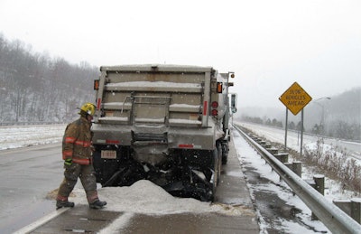 While plowing on Interstate 77 in Washington County, a semi-truck rear ended our snowplow. The snowplow driver was traveling approximately 40 MPH and the semi was traveling around 70 MPH.