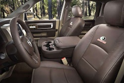 Inside, the center column of the Ram’s instrument panel is finished in Mossy Oak Break-Up Infinity, as are the door panel inserts. The Mossy Oak logo is embroidered on the four primary headrests. Buyers also can opt for Espresso Tuscany-colored Katzkin leather seats with Mossy Oak seatback embroidery.