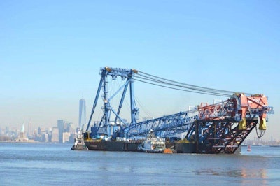 The I Lift New York super crane, formerly the Left Coast Lifter, arrives in New York Harbor. Credit: @NewNYBridge Twitter account.