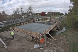 As a part of his work with eSPAN140 and the Bridge Technology Center, Dr. Karl Barth, West Virginia University, set in place measurement tools just before the deck pour on Oct. 24. The purpose is to monitor major axis bending and lateral flange bending during the placement of the concrete deck.