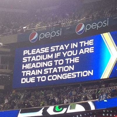 After the Super Bowl ended, train passengers were asked to remain in the stadium “due to congestion.” (Photo credit: @aemaltheafghan via Instagram)