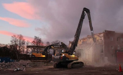 A Volvo EC460C high reach excavator cuts through a 175-year-old Volvo CE plant.